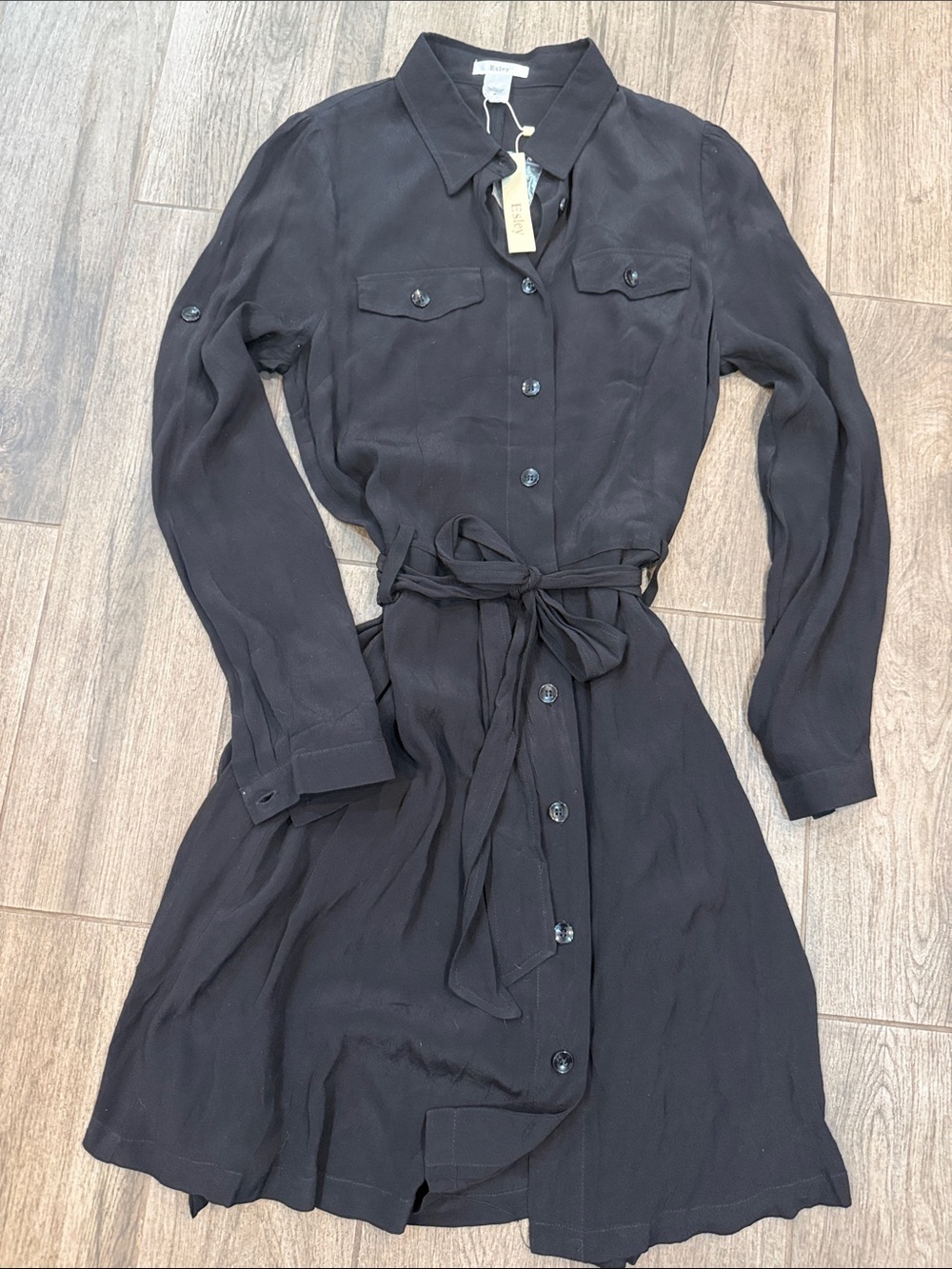 Esley Black Long-Sleeve Button-Front Shirt Dress with Tie Waist